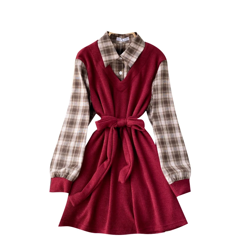 

Korean retro Plaid long sleeve shirt collar color contrast stitching lace up waist show slim dress women's spring dress