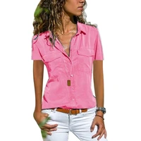 70 hot sell plus size women lapel button pocket shirt solid color v neck short sleeve blouse