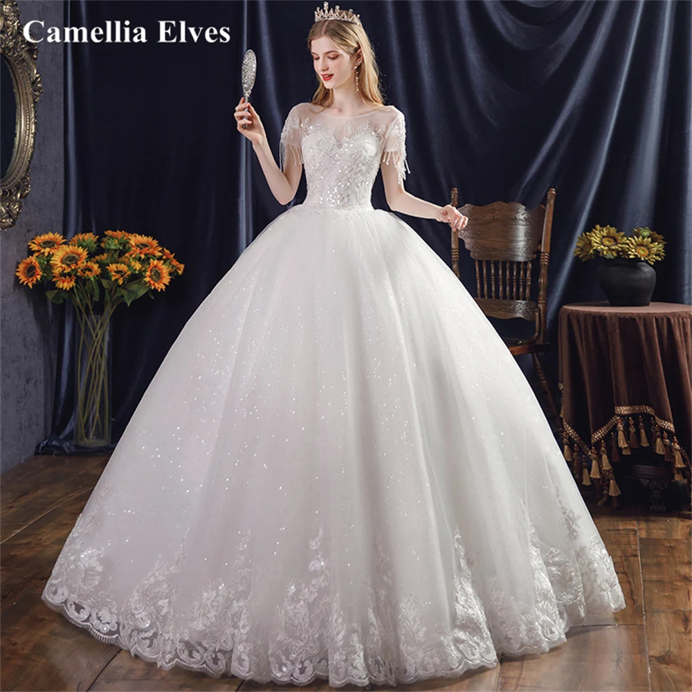 

Luxury Sequins Wedding Dresses 2022 Ball Gown Tassel Bridal Robes Tulle Wedding Gown Scoop Bride Dress Lace Up Vestidos De Novia