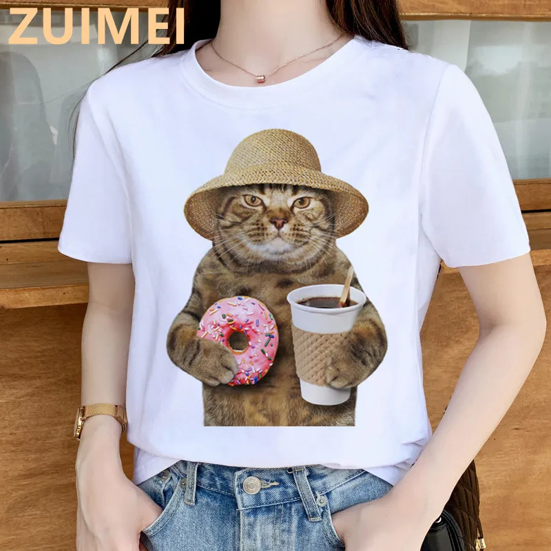 Cat Doughnut Coffee Wonderful Print Harajuku Top Women T-shirt Casual ladies basic O-collar Short Sleeved T-shirt Girl,Drop Ship