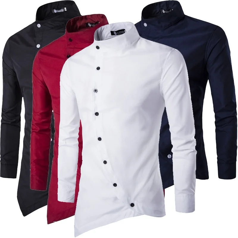 

Men's Personality Shirt Oblique Placket Irregular Design Stand-up Collar Solid Color Long-sleeved Shirt
