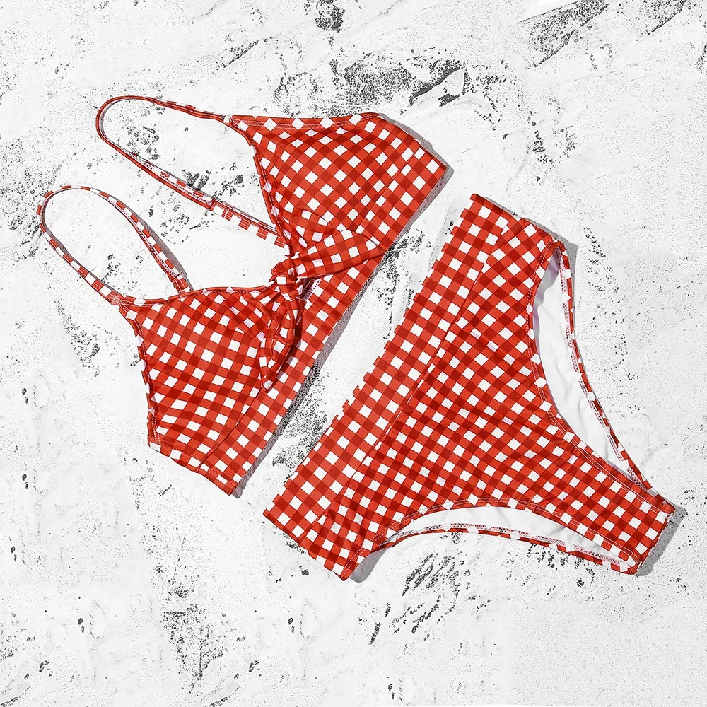 

2021 New Sexy Plaid High Waist Bikini Bow Split Swimsuit Swimwear Women
