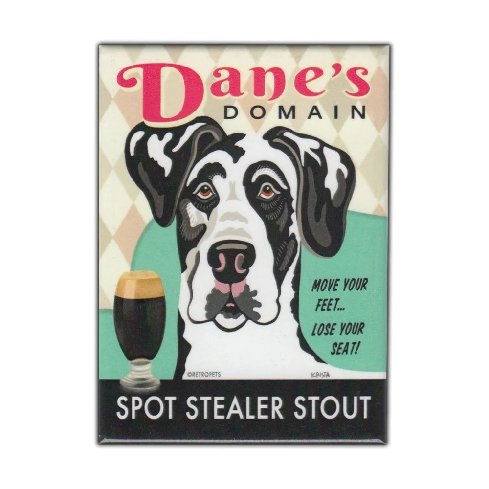 

Retro Pets Magnet, Dane's Domain Stout, Great Dane Dog (Harlequin, Black and White), Vintage Advertising Art, 2.5\ x 3.5\