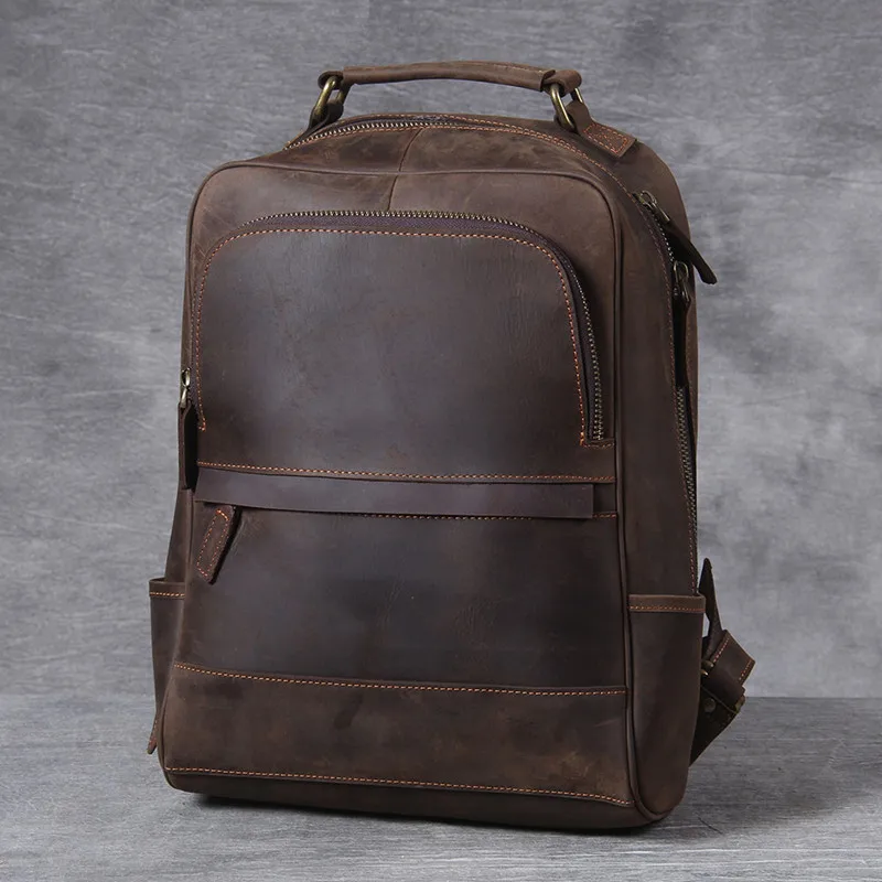

Free Shipping Men's Genuine Cowhide Leather Backpack Large Laptop Shoulder Bag Travel Classic Vintage Crazy Horse School Bag