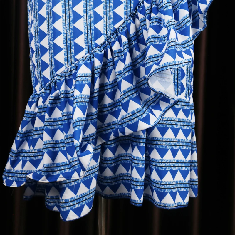 

Women Blue Printed Dress Ruffles with Waist Belt O Neck Long Lantern Sleeves Autumn African Fashion Dresses for Women