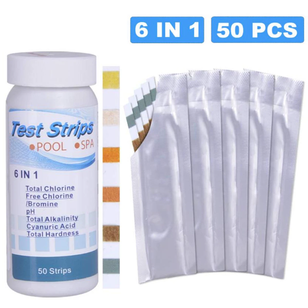 

50Pcs/bottle 6 In 1 Multi-functional Pool PH Test Strips SPA Water Quality Test Strip Chlorine Alkalinity Hardness PH Test Paper