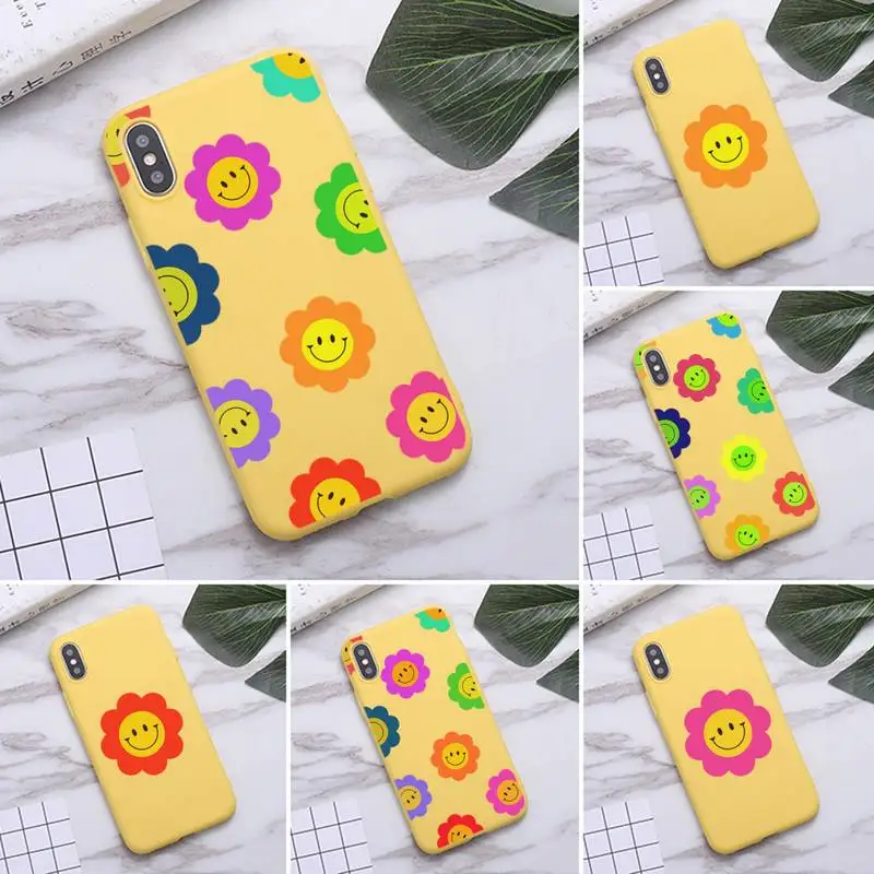 

Smiley Flowers Phone Case for iPhone 11 Pro Max X XR XS 8 7 6s Plus Candy yellow Silicone Cases