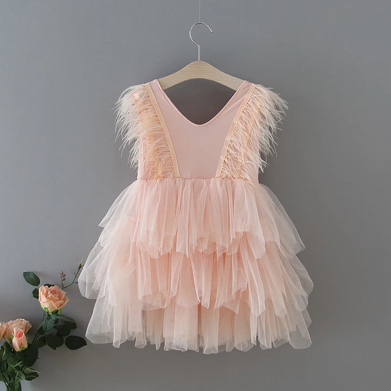 Vestidos de fiesta para ni&ntilde;as, novedad de 2021, cuello en V, pluma, tul esponjoso, pastel, vestidos de princesa para espect&aacute;culo de boda, ropa de beb&eacute; E1955-1