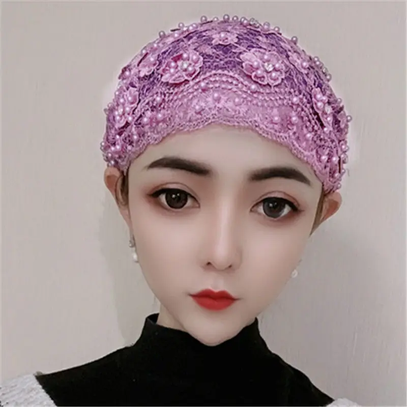 Embroidery Beading Turban Bonnet Stretchy Head Cover Caps Muslim Headscarf Hijab Female Wrap Head Islam Headwear Accessories