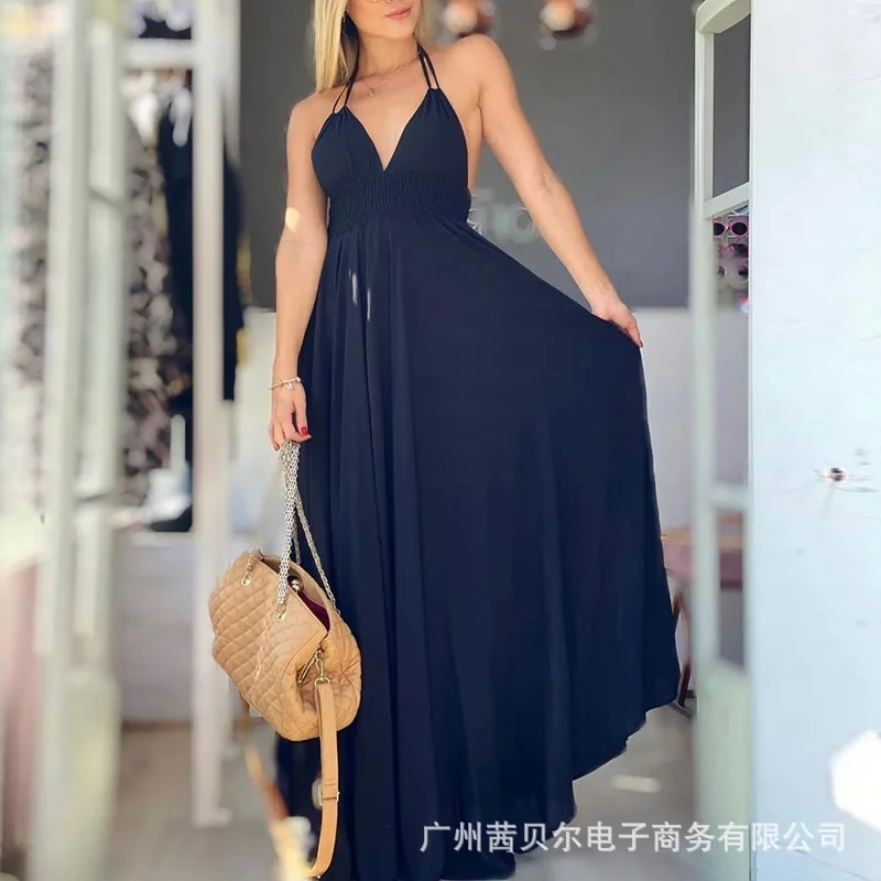 

WEPBEL Backless New Black Ankle Length Loose Women Long Maxi Dress Sleeveless V Neck Fashion Dress Solid Color