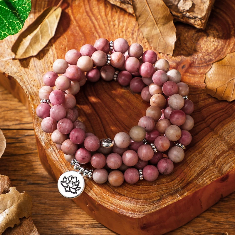 

Meditation Prayer Bead 108 Bead Buddhist Mala Bracelet for Women Yoga Jewelry Natural Stone Rhodonite Lotus Stack Layer Bracelet