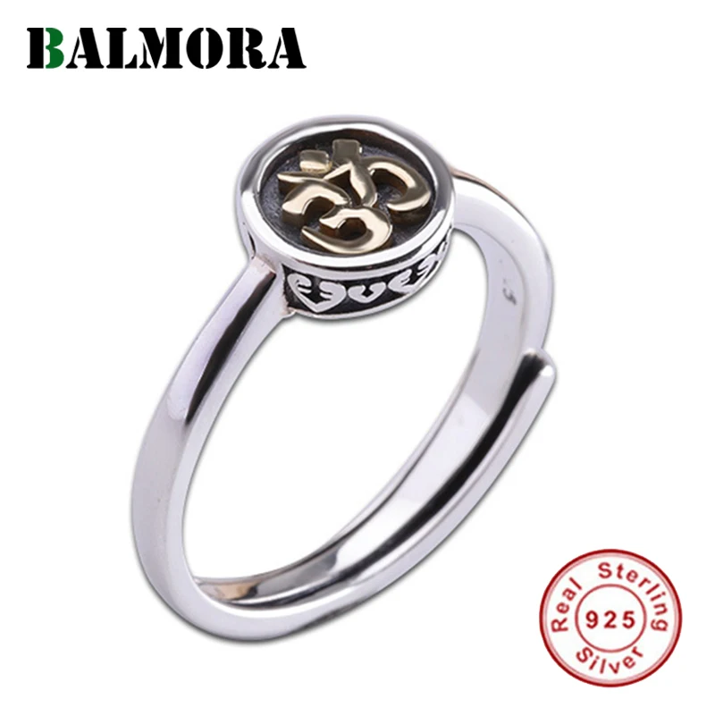 

BALMORA 100% Real 925 Sterling Silver Buddhist Rings For Women Lady OM Mantra Sanskrit Ring Open Adjustable Ring Jewellery Gift