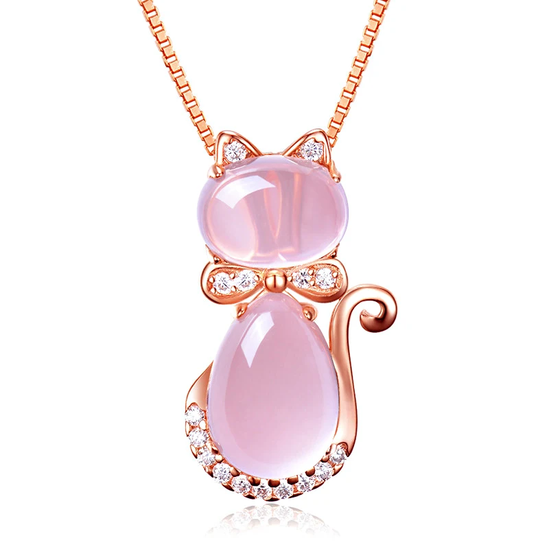 Korean version Necklace plated rose gold natural Ross quartz powder crystal cat women's Pendant clavicle chain jewelry necklaces |