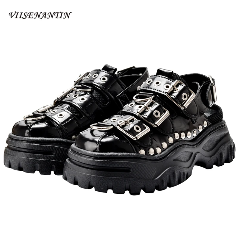 

INS Tide Shoes Sandals Cool Rivet Muffin Platform Sandals Women Buckles Strap Hollow Out Sandalias Punk Style Street Shoe