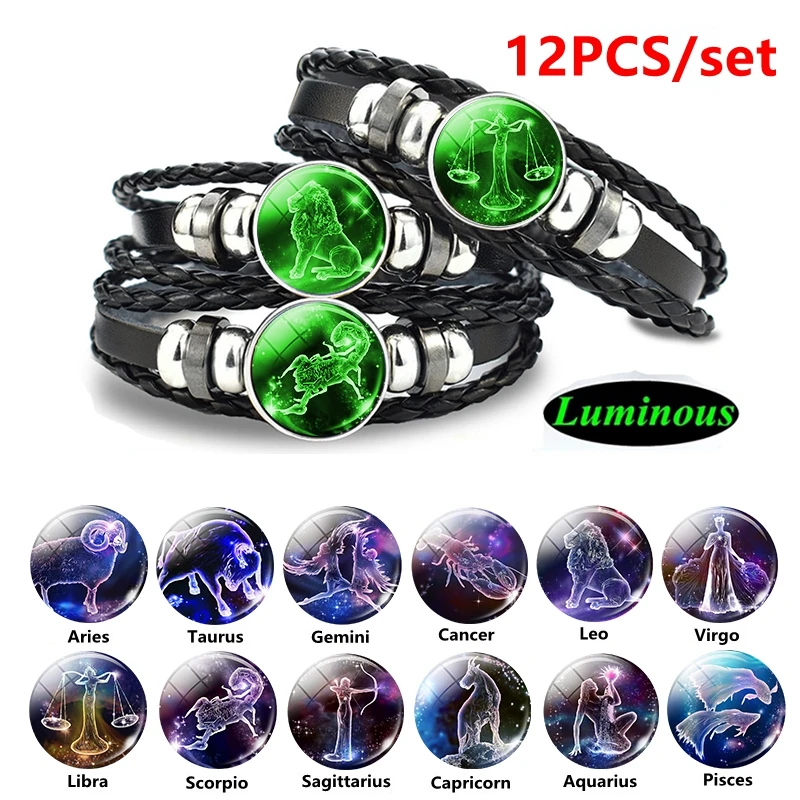 

12 Pcs Constellation Bracelet Set Luminous Zodiac Braided Leather Bracelet Glow In The Dark Snap Button Bracelet