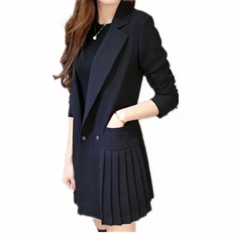 

Women Blazer Dress Black Slim Pleated Elegant Officewear Work with Button Pockets Female Classy Outwear Suit Autumn 2021 Clothes