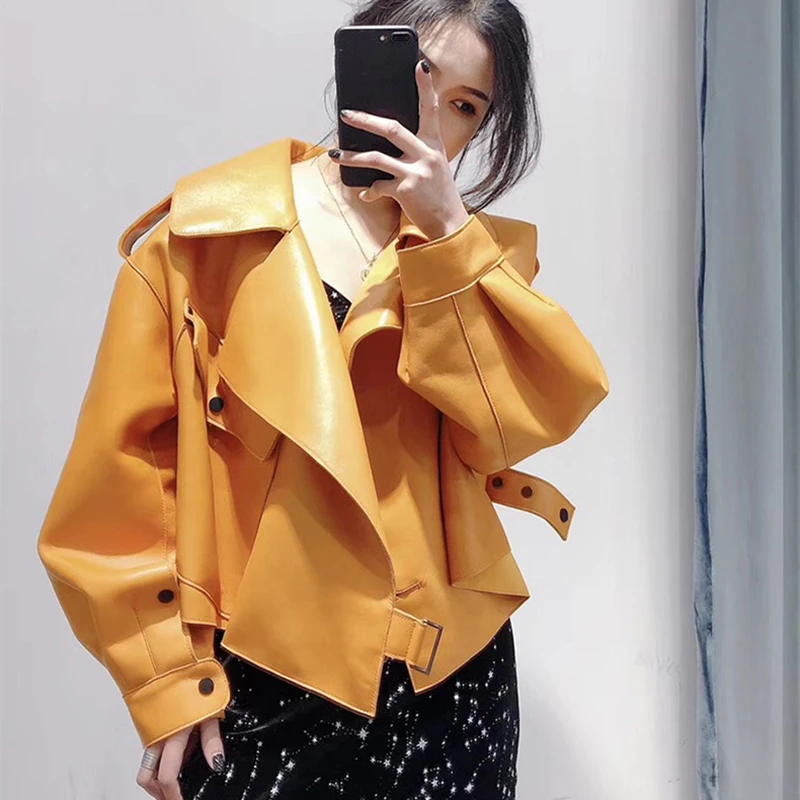 Женская кожаная куртка из овечьей шкуры короткая натуральной весна-осень 2020 |