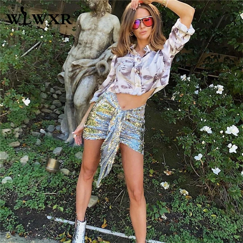 WLWXR/Пикантные мини-юбки из искусственной кожи; Женская Асимметричная черная юбка с блестками и высокой талией; Клубные вечерние юбки-карандаш в складку