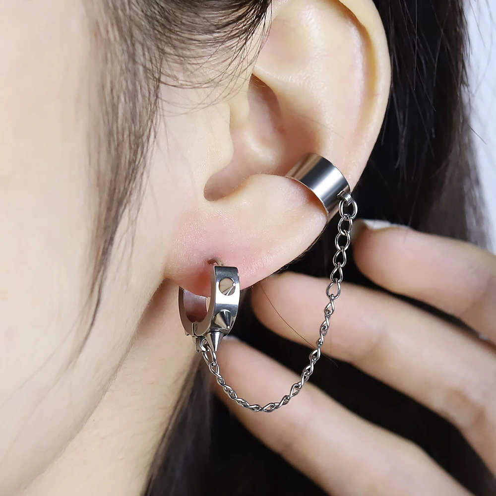 

1 Pcs Stainless Steel Rivet Clip Earrings for Man Women Black and Steel Color Pendant Long Chain Tassel Pendant Punk Jewelry
