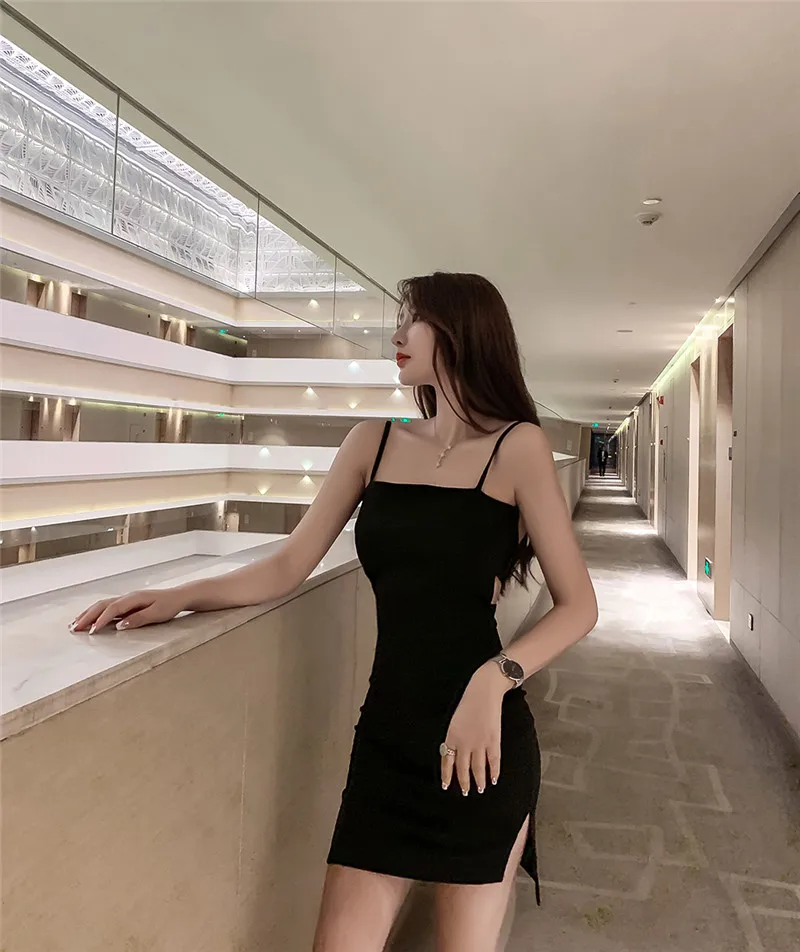 

Women New Summer Sexy Black Mini Dress Hollow Out Retro Spaghetti Strap Bodycon Dress Fashion Sleeveless Slim Party Club Dress