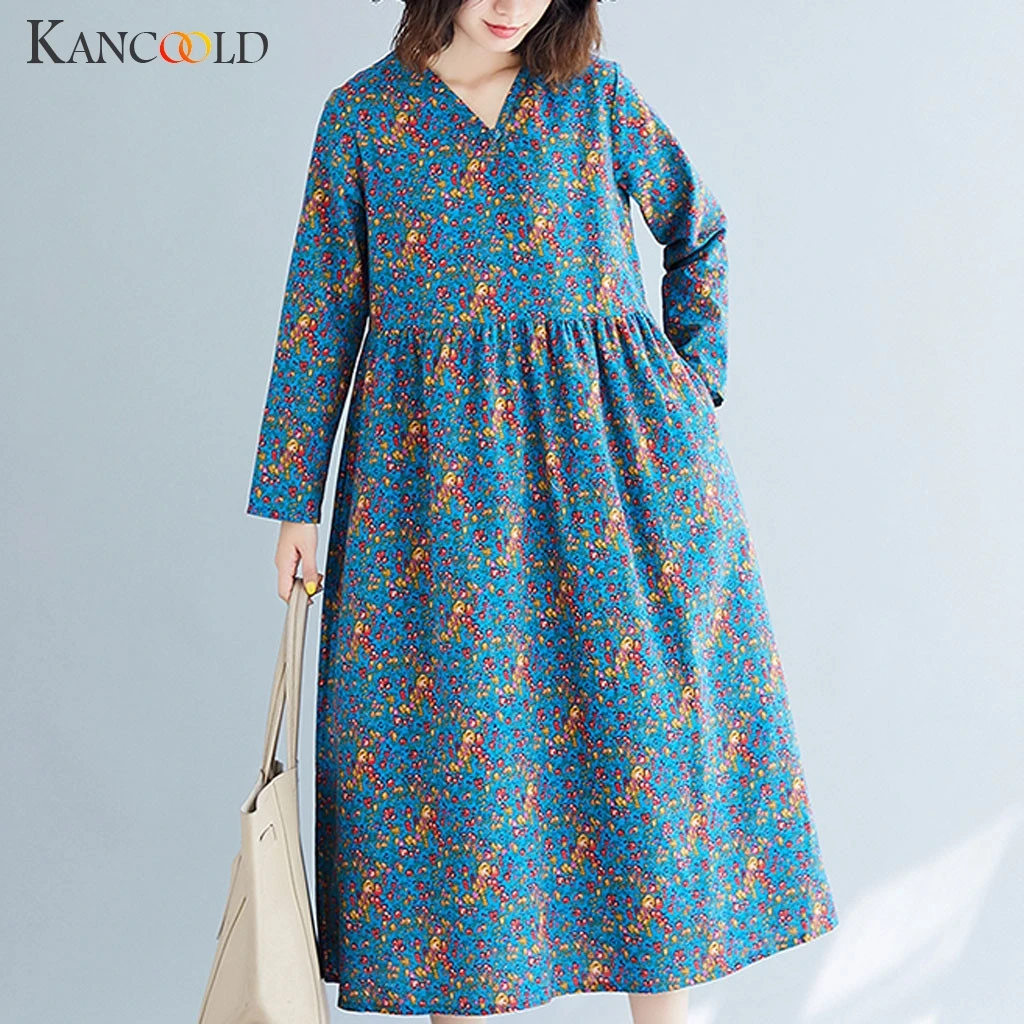 KANCOOLD dress Women Long-Sleeved Literary High-Waist Printed Plus Size Loose Dress V-Neck Fashion new women 2019DEC18 | Женская одежда