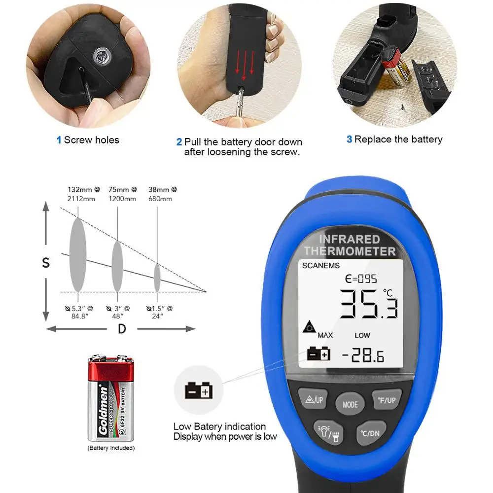 ИК-термометр HoldPeak HP-985C с ЖК-дисплеем для измерения температуры 50-800C/-58-1472ɿ |