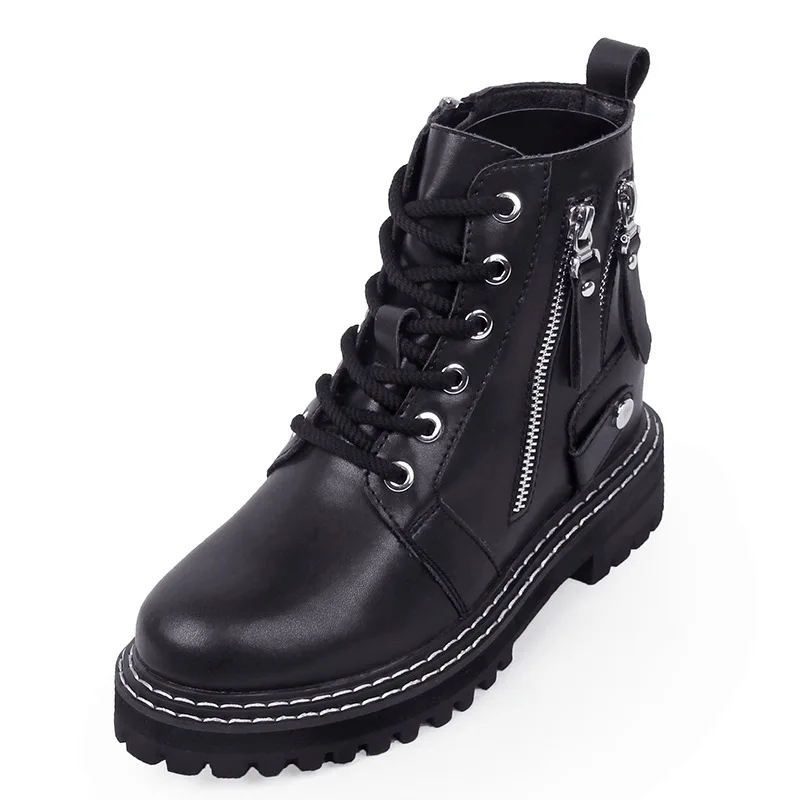 

New ladies Genuine Leather black Martin boots winter fashion side zipper front lacing round head comfortable warm riding boots