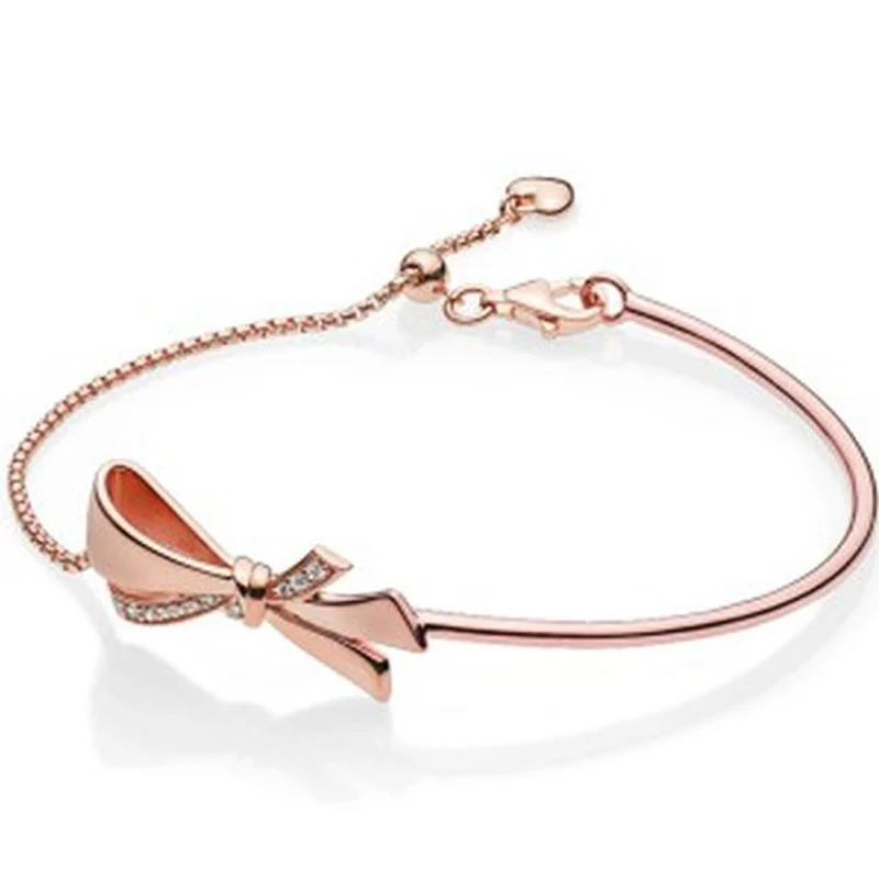 

Rose Brilliant Bow Ball Clasp Adjust 925 Sterling Silver Pan Bangle Fit Fine Original Bracelet Bead Charm Diy Jewelry