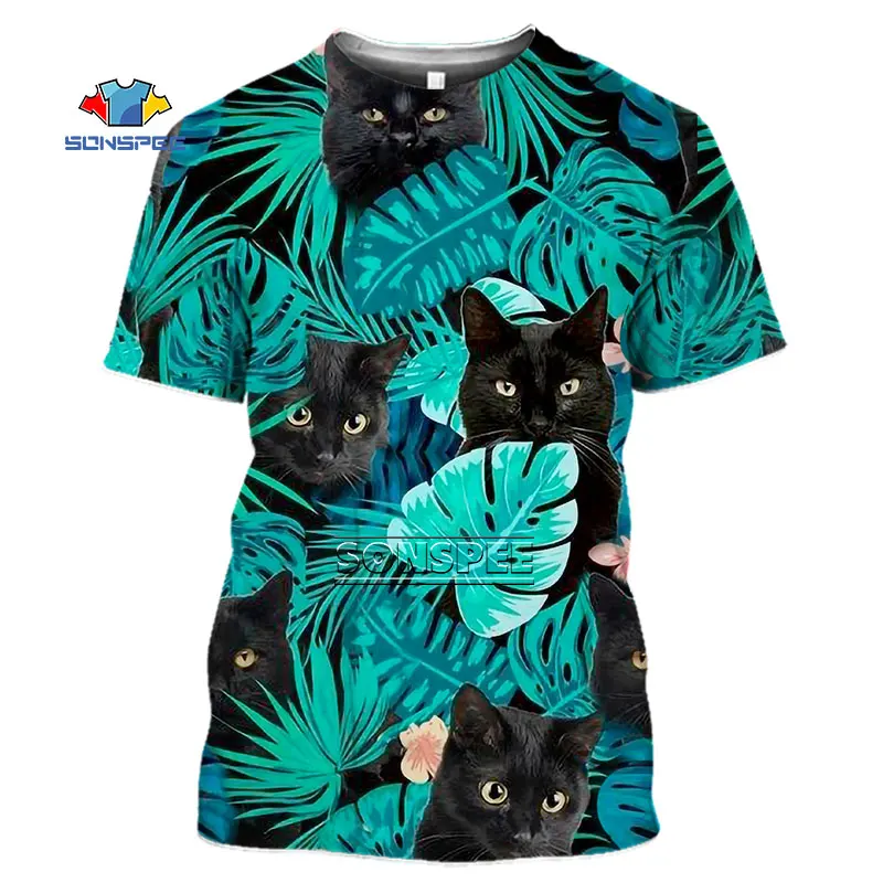 

Black Cat Tropical Hawaiian Style T-shirt Summer New Arrival Splicing Shirt Men 2022 Print Short Sleeve Casual Animal Dog Tops