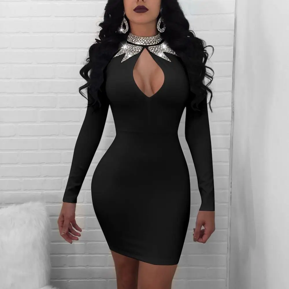 Summer Dress Women Fashion vestidos Solid Color Hollow out Stitching Diamond Print Long Sleeve Sexy Skinny Party vadim | Женская одежда