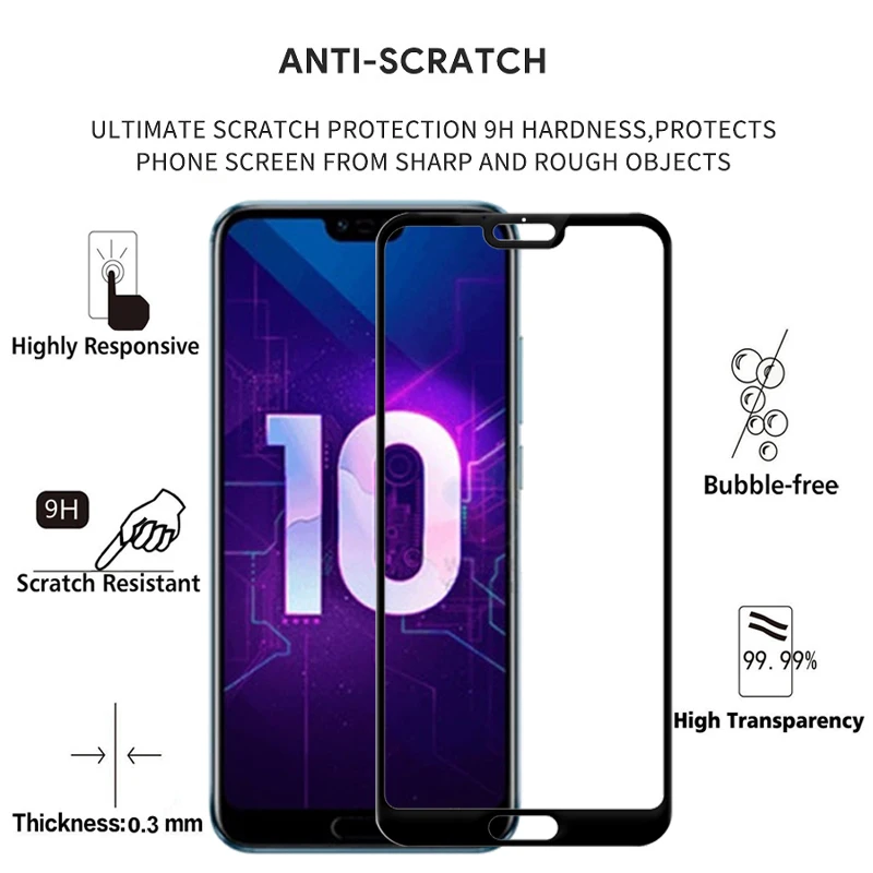 Защитное стекло закаленное полное покрытие для Huawei Honor 10 9H защита от царапин