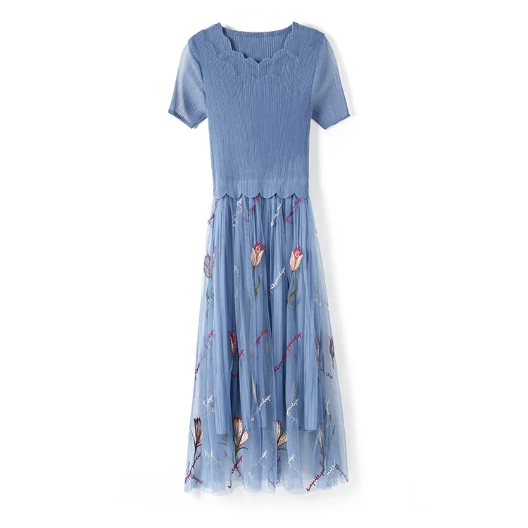 

LANMREM Short Sleeve Mesh Pink Dress For Women 2021 Summer Lotus Leaf Gauze Fold Embroidery Lady Printing Dresses 2D3940