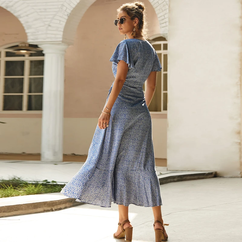 

Sexy Polka Dot Women Dress Plus Size Ruffled High Waist V Neck Summer Dress Casual A Line Belt Holiday Maxi Dress