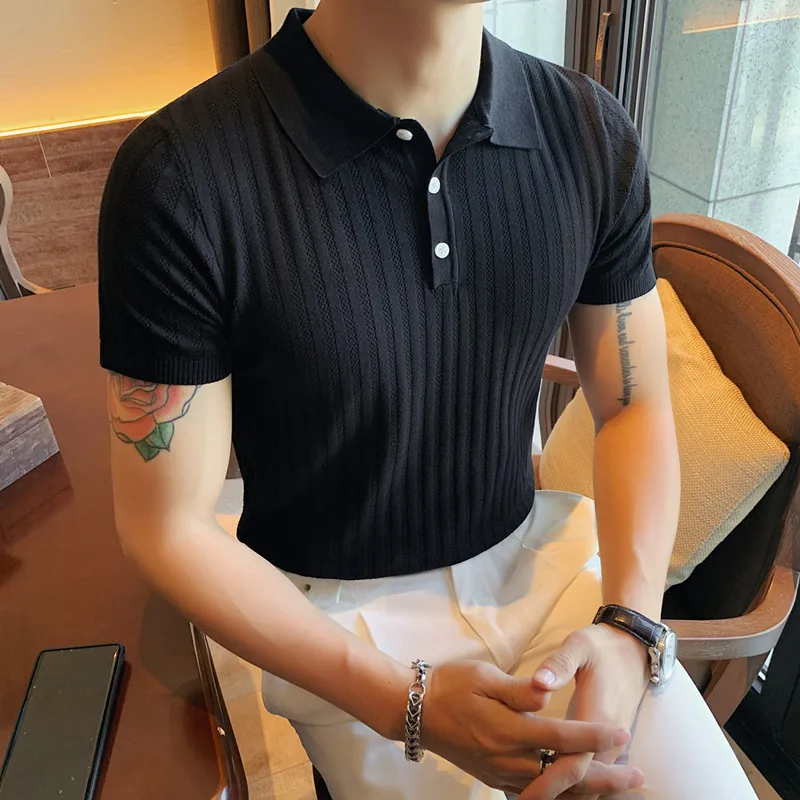 

Summer Boutique Ice Silk Fashion Lapel Mens Lapel Short Sleeve T-shirt Knitting Pure Color High-end Social Male Slim T-shirt