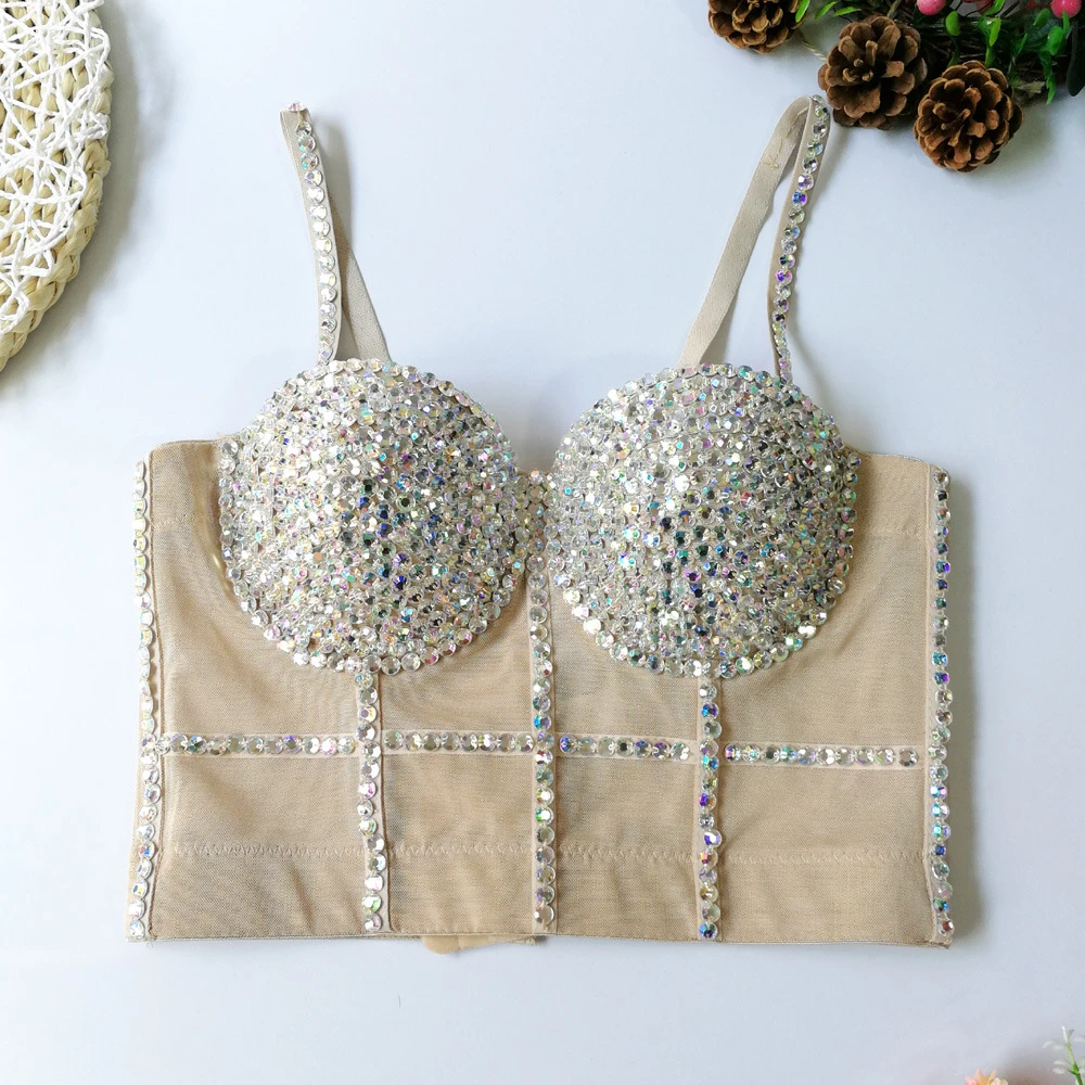 

Sexy Crop Top Built In Bra Acrylic Shine Nightclub Party Women Top With Cups Fashion Push Up Bralette Female Corset Mesh Camis