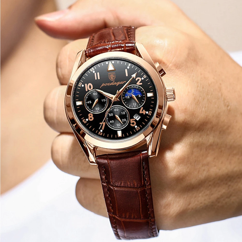 Мужские наручные часы с кожаным ремешком водонепроницаемые | Наручные