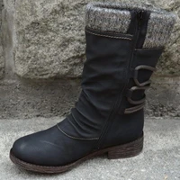 new retro woman shoes pu leather winter boots women fashion vintage rivets round toe lace up mid calf zipper boots 43