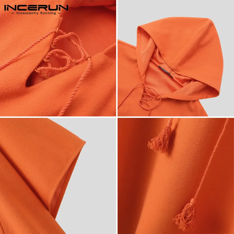 

INCERUN Men Vintage Solid Cloak Leisure Hooded Ponchos Man Irregular Long Sleeve Capes Cloak Fashion Lace Up Outerwear Plus Size