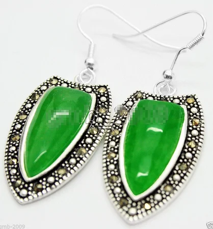

18*30mm Natural green jade Marcasite 925 Sterling A Drop Earrings