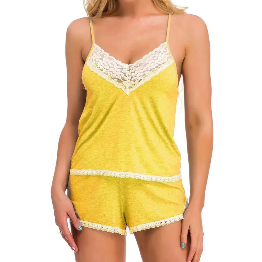 

Women Sleepwear Set Sexy V Neck Solid Color Sleeveless Pajamas Lace Hem Shorts Camisole Sleepwear Set Summer 2021