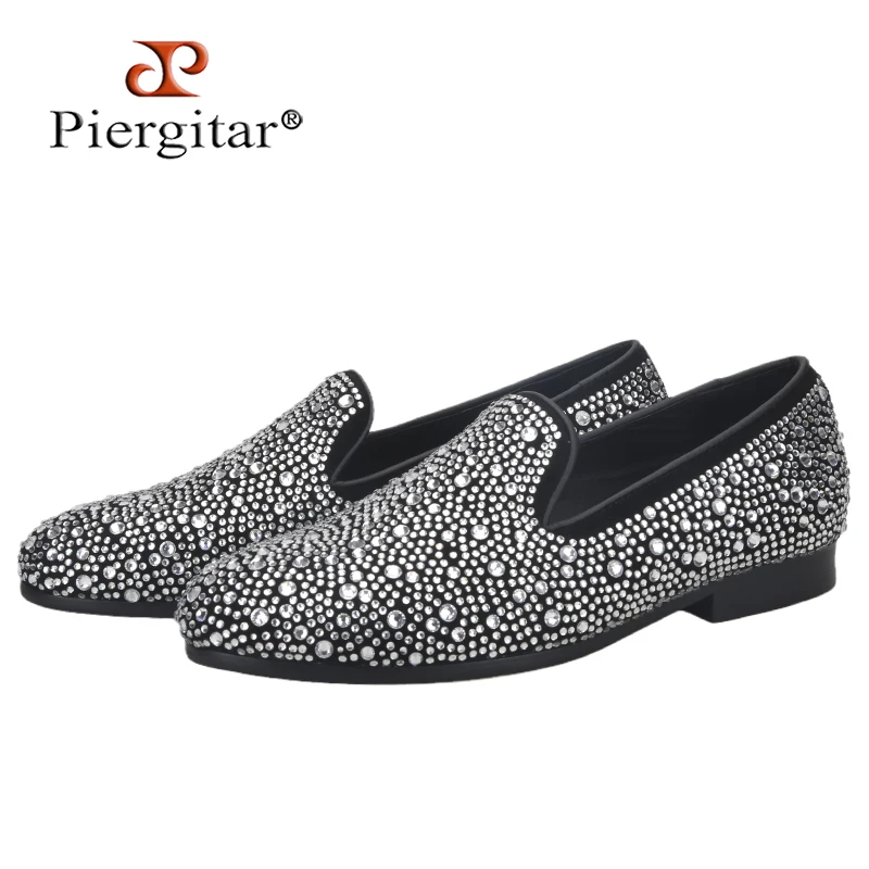 

Piergitar Handwork Shining White Crystals Men's Moccasin Black Suede Slip-on Flats Party And Banquet Men Loafers Plus Size