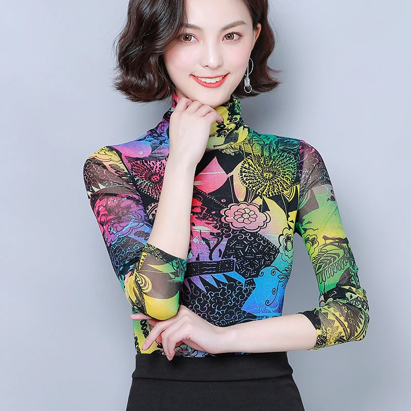 

Autumn Turtleneck Stretch T-shirt Women Harajuku Fashion Print Thickening Slim Long-sleeved T-shirt Elegant Street Simple Shirt