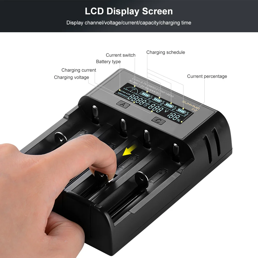 sunyima d2 3 7v 18650 4 slot typec battery charger for aaaaa 5v2a lcdusb with led indicator ni mhni cd 217002665010440 free global shipping