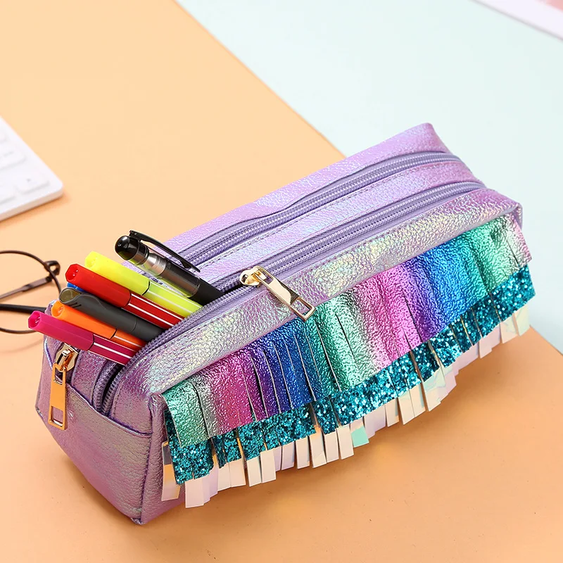 2019 Креатив кожзам сумка для большой Карандаш Чехол двойная молния блестки