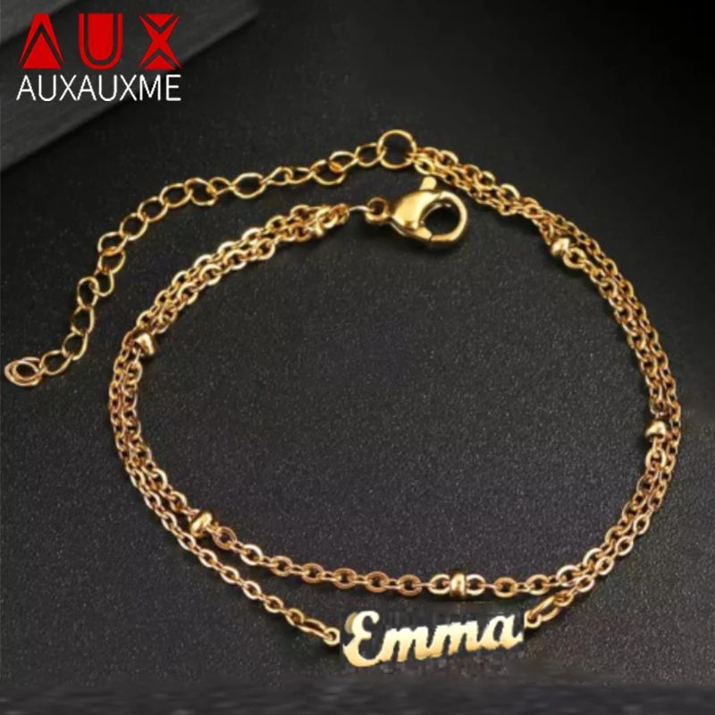 

Auxauxme Custom Multi-layer Chain Beads Name Bracelet Charms Stainless Steel Gold for Women Personalized Nameplate Jewelry Gifts