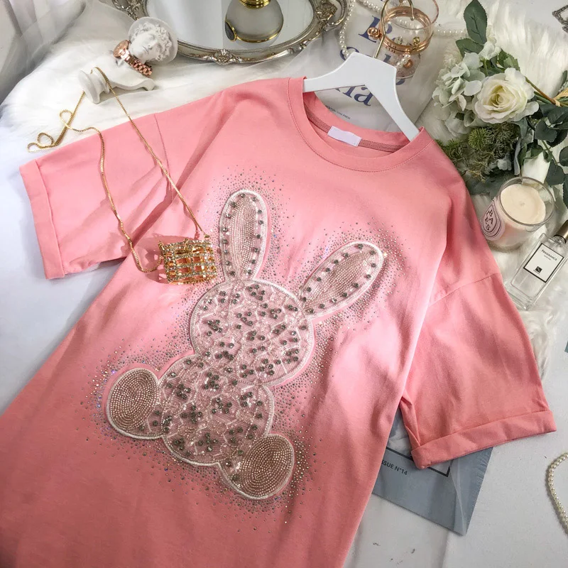 

2021 Summer High Street Beads Rhinestone Women T-shirt Korean Style Slimming Laid-Back Style Ladies Top Loose Fashion Simple Tee