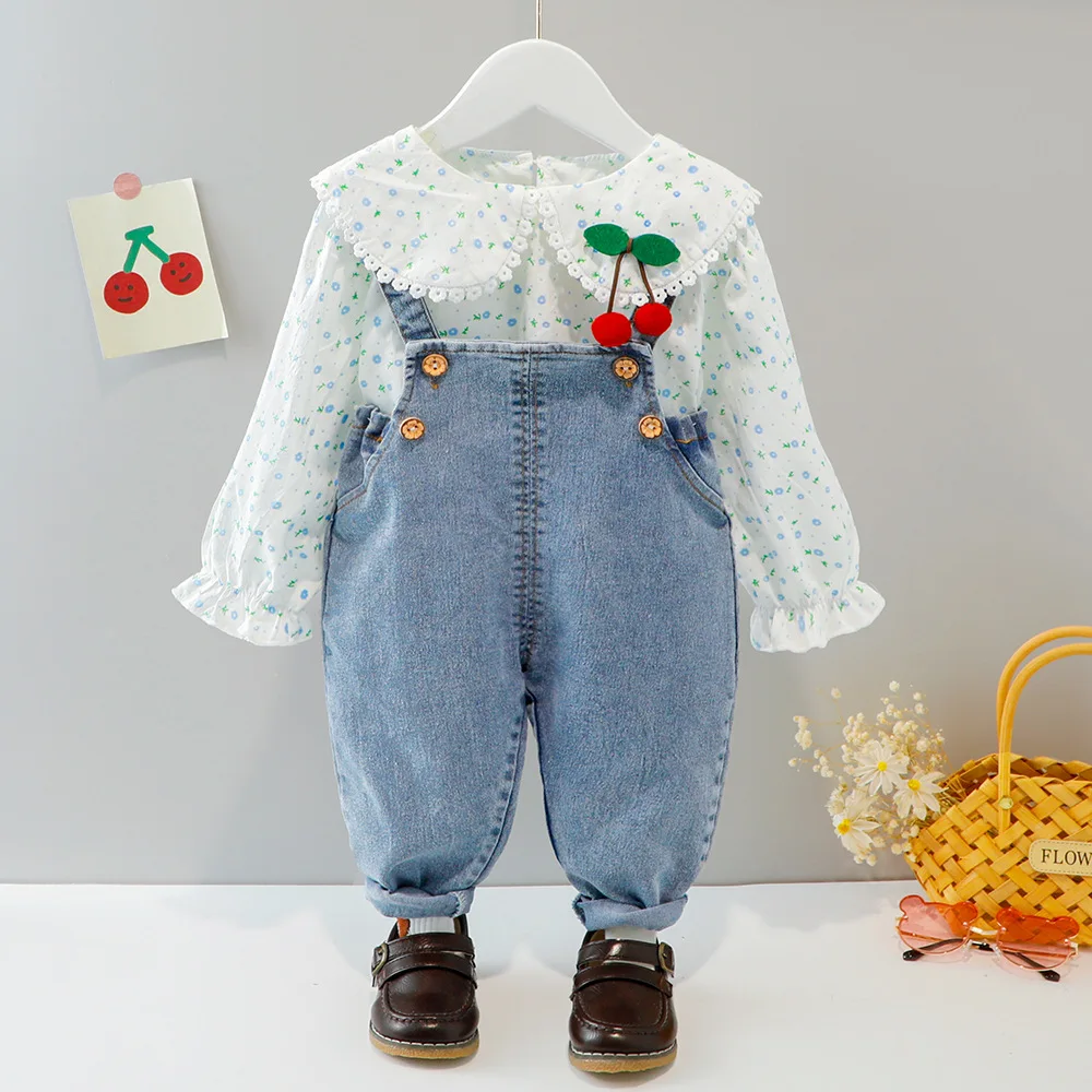

Autumn Baby Girls Clothing Sets Toddler Baby Floral Lace Long Sleeve Shirt Denim Pants Spring Baby Children Vacation Clothes 4Y
