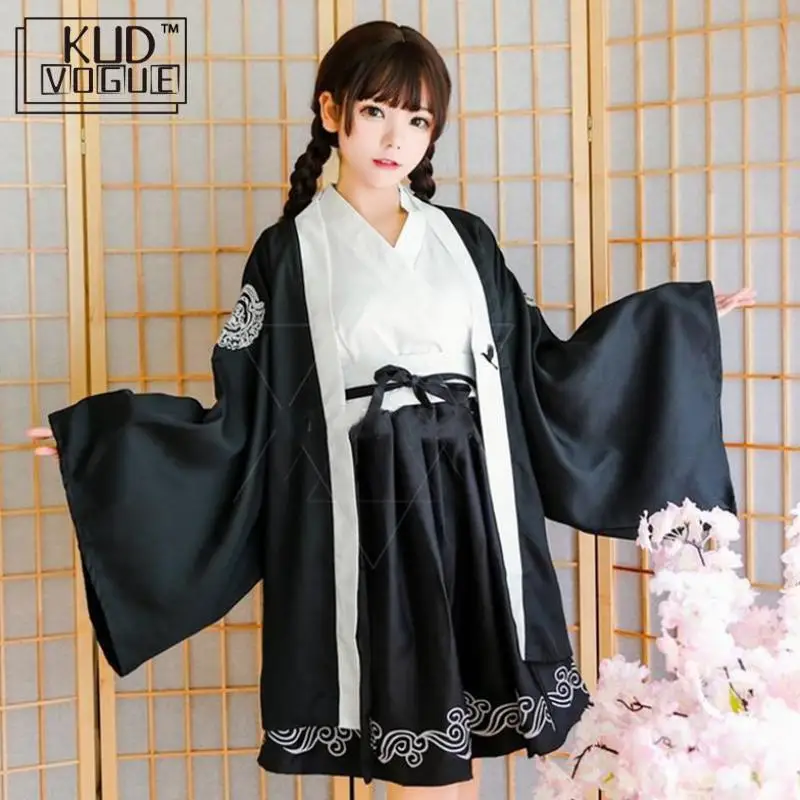 Кимоно японский юката Темный самурайский журавль девушки готическое платье для