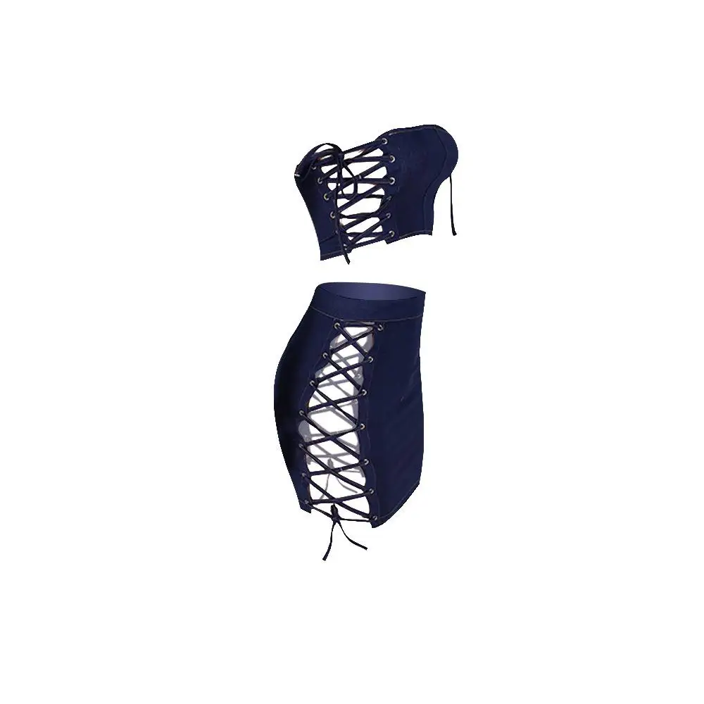 Женский джинсовый комплект повседневный топ на шнуровке с вырезом груди и юбка