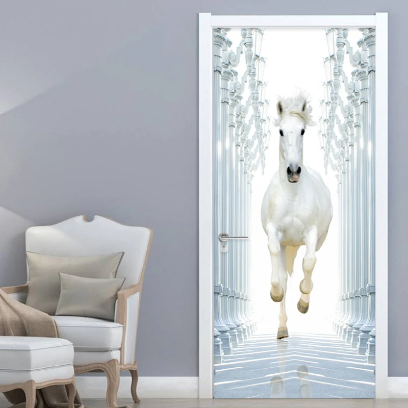 

2 Pieces/set Self-Adhesive Door Sticker 3D White Horse Wallpaper Living Room Bedroom Home Decor Wall Door Decals Pvc 3D Stickers